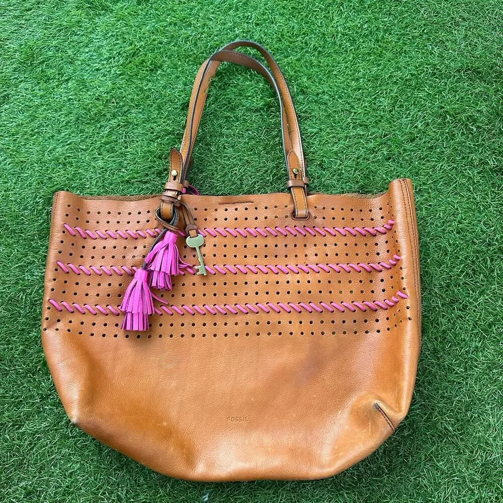 Vintage Fossil Rachel Large Tot Brown Whipstitched Leather Tassels Bag Key Pouch